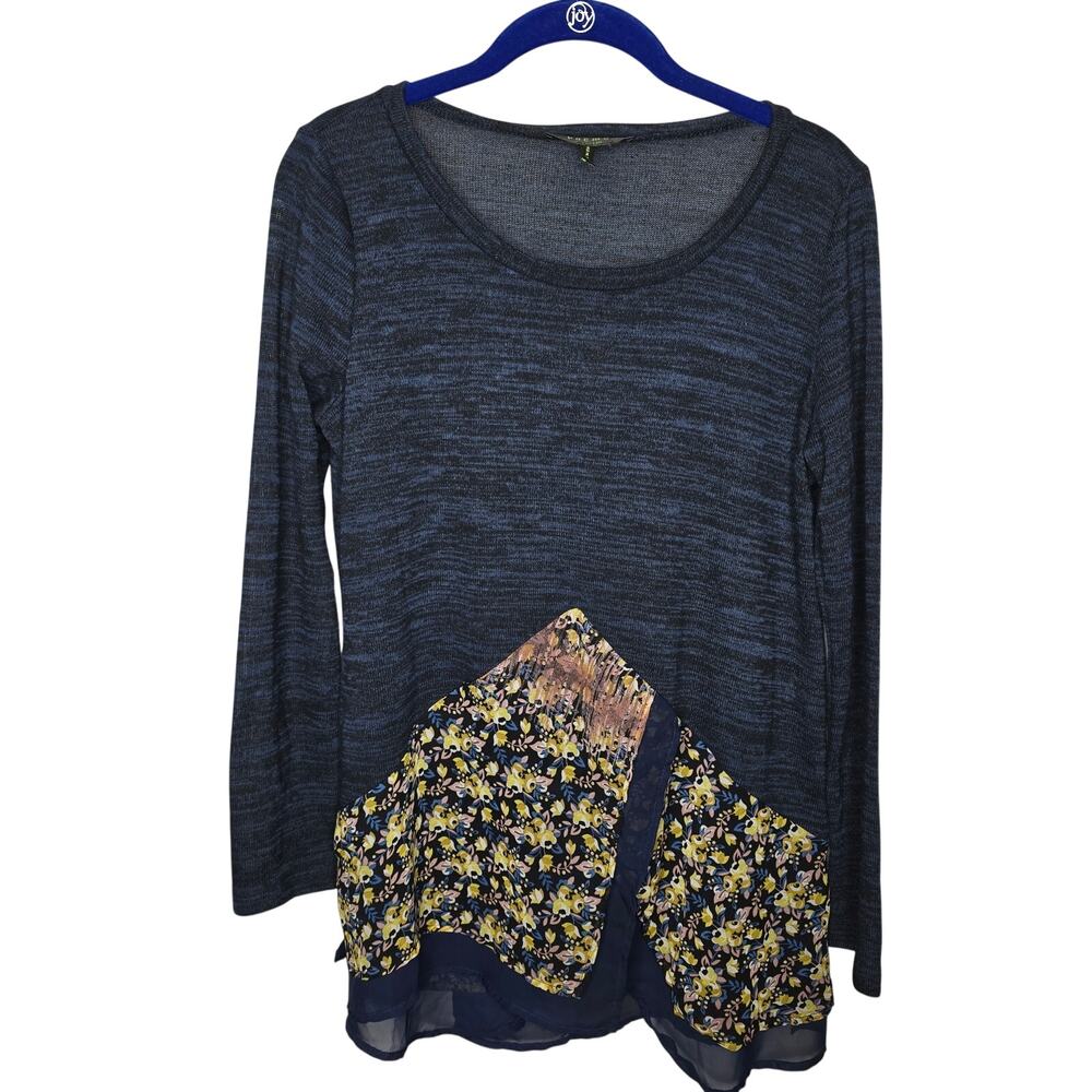Poeme by Citron Heathered Navy Blue Knit Asymmetrical Floral Hem Blouse Large